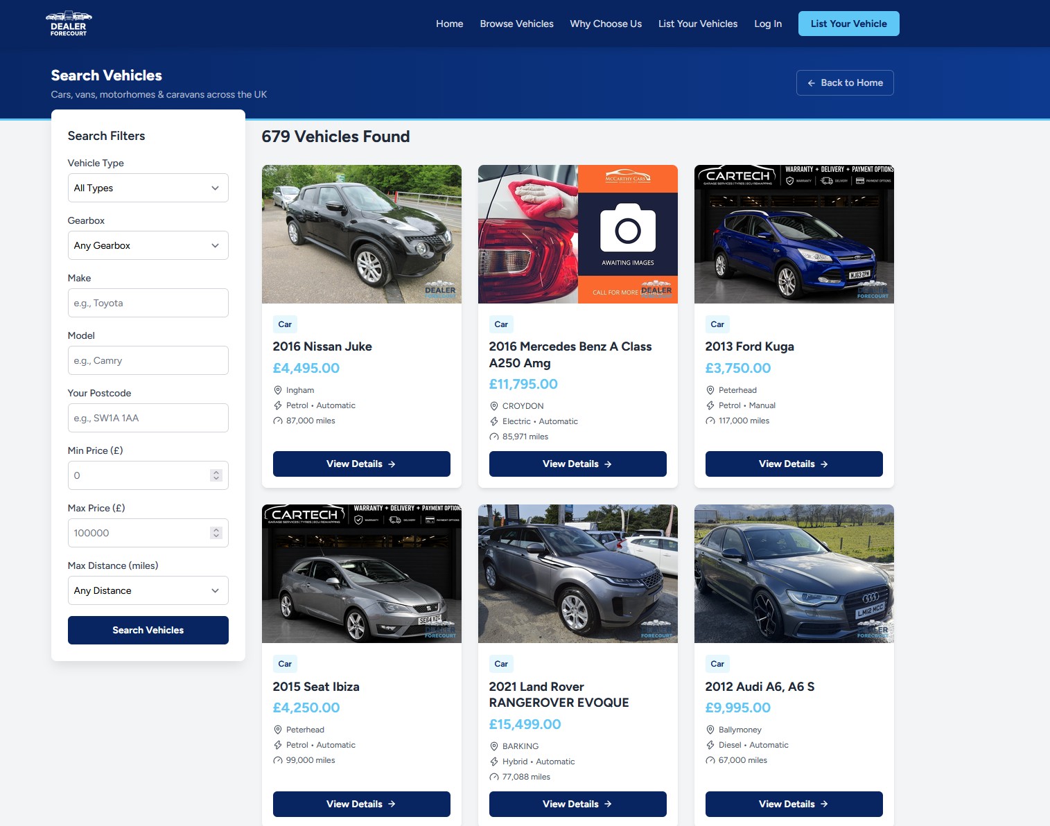 Dealer Forecourt vehicle search with location, make, model and price filters