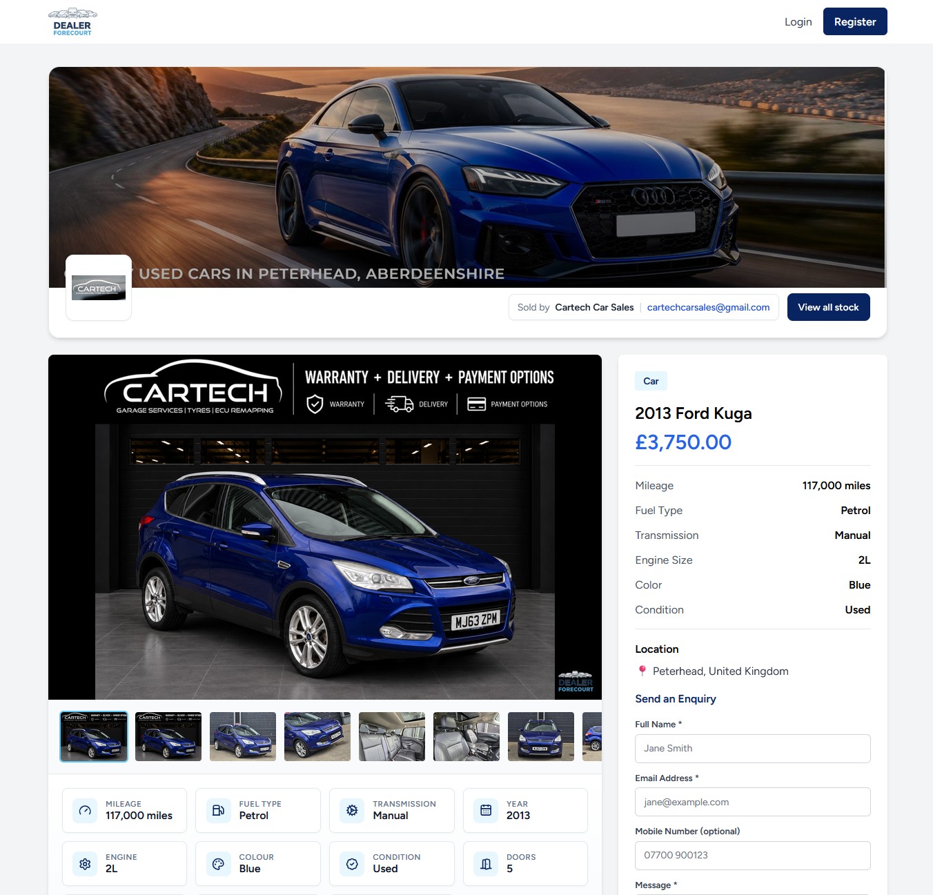 Branded car dealer website vehicle advert with gallery, specifications and enquiry form