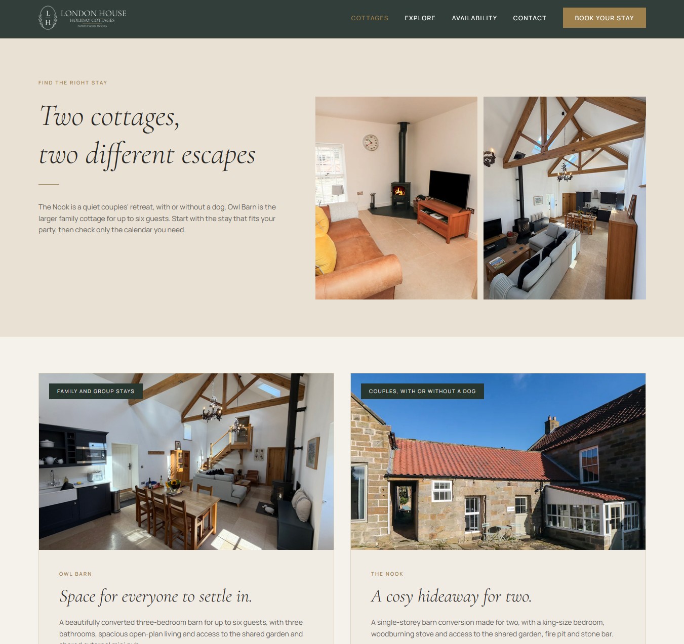 London House website presenting Owl Barn and The Nook holiday cottages