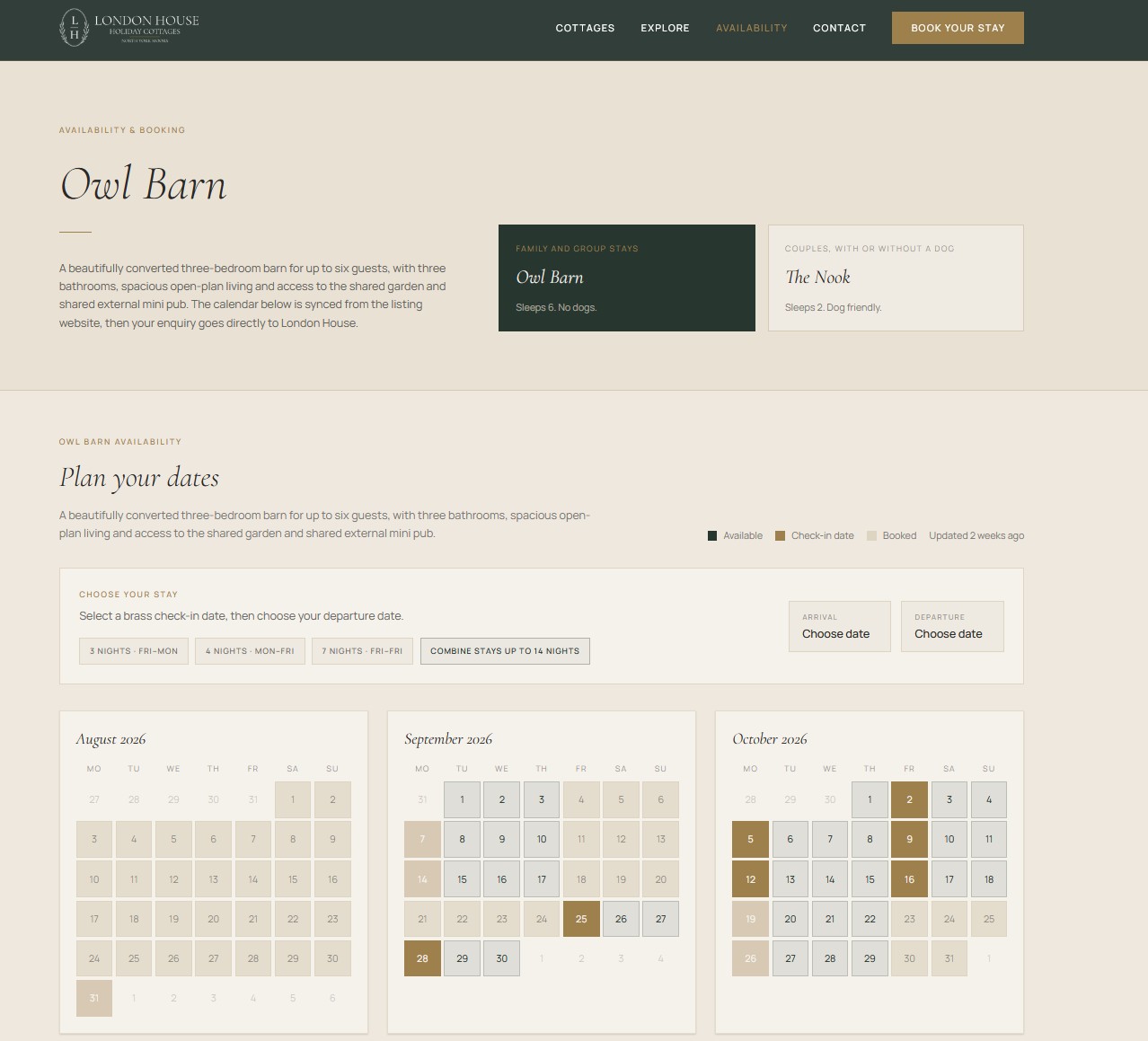 London House availability calendar showing bookable dates imported from Sykes Holiday Cottages