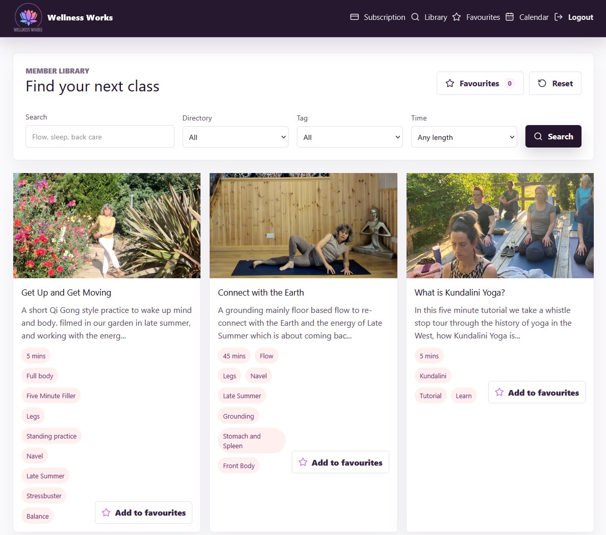 Searchable Wellness Works member video library with class filters and favourites