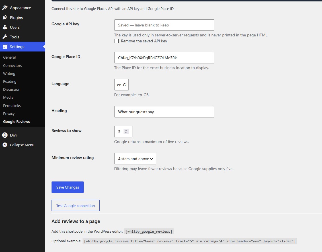 Whitby Google Reviews WordPress settings screen with secure API configuration and connection testing