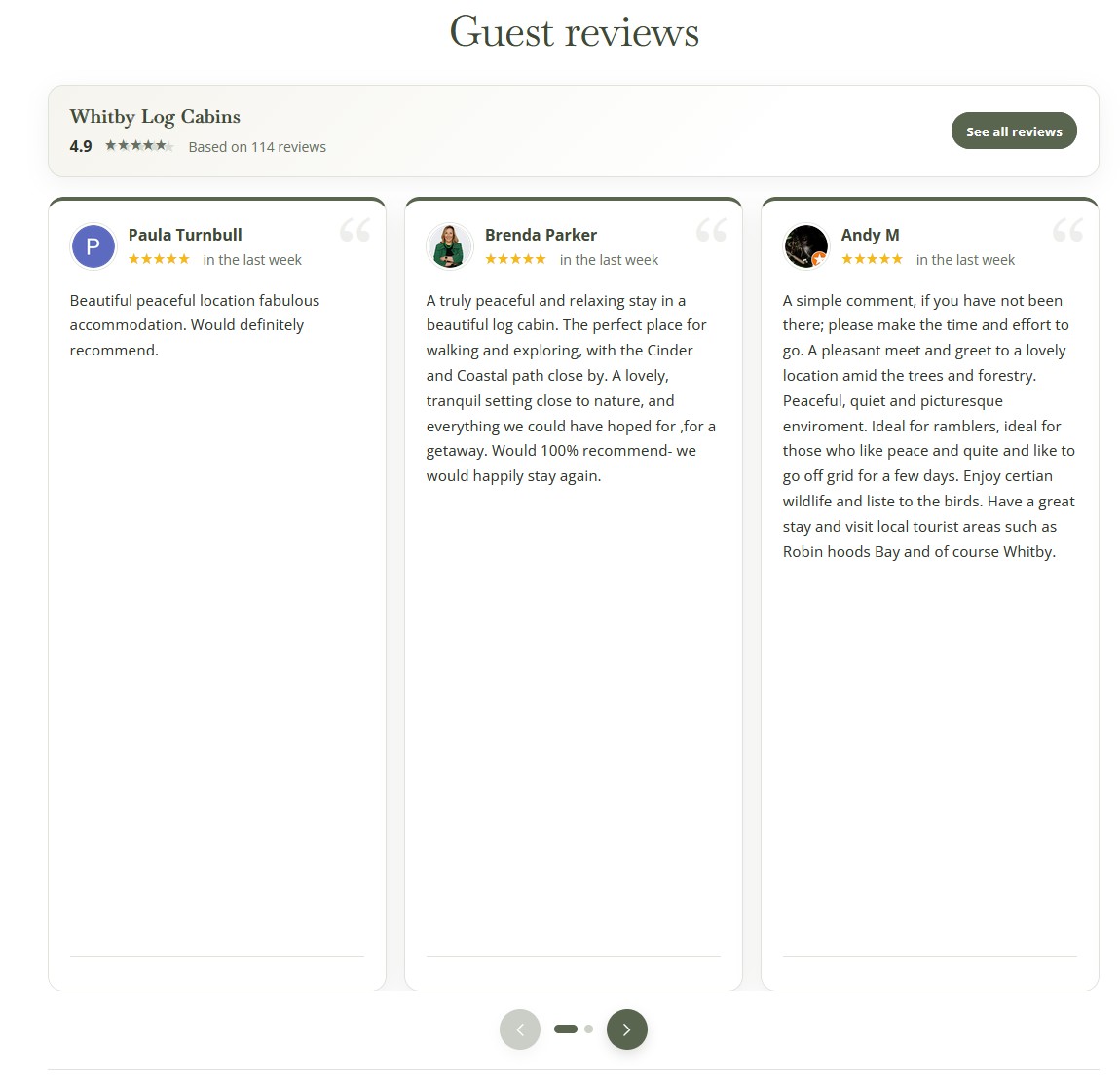 Custom Google Reviews slider on the Whitby Log Cabins website showing three recent guest reviews