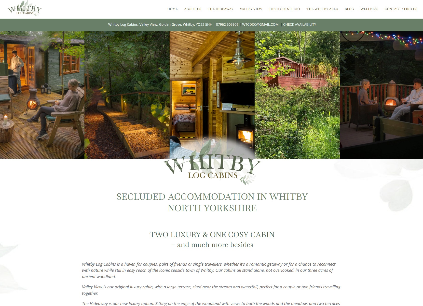 Whitby Log Cabins website home page featuring secluded woodland accommodation